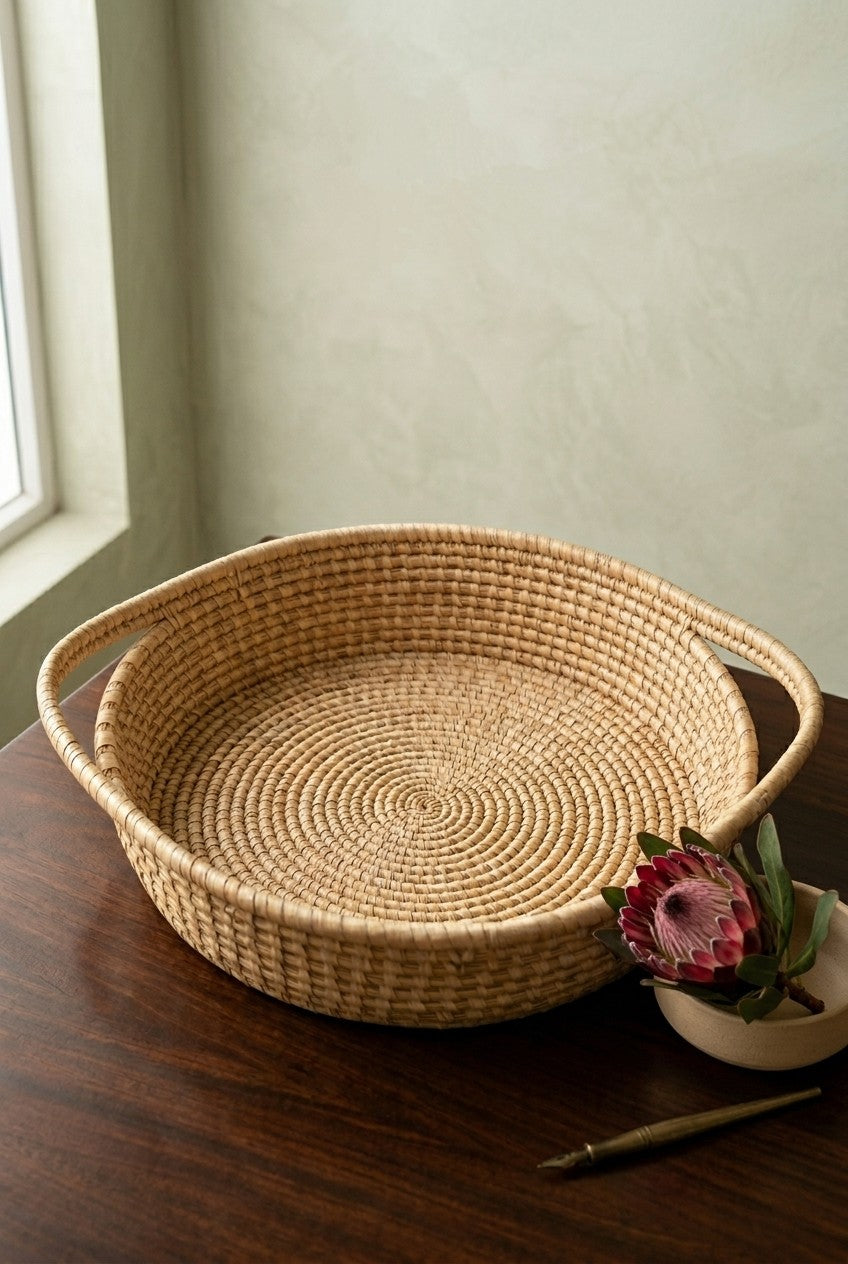 hand Woven basket on a wooden surface with a plant and pen in the background