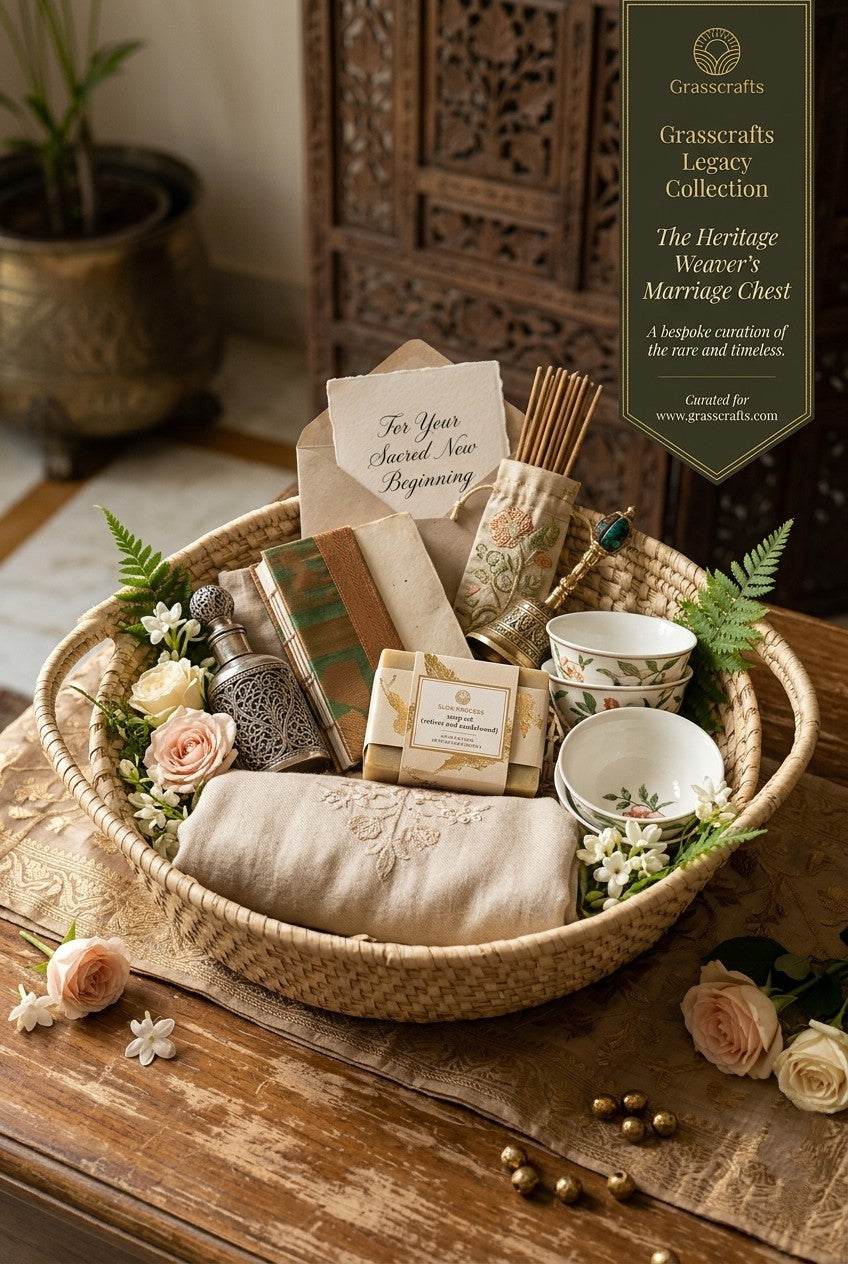 hand woven gift basket with assorted items including a soap bar, small bowls, and a card on a wooden surface. Gift hamper basket.