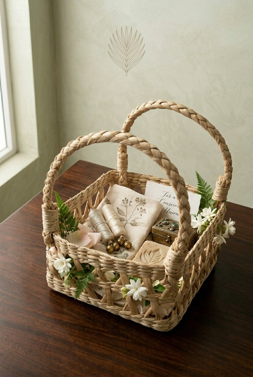 hand Woven basket with decorative items on a wooden surface. Gift hamper basket.