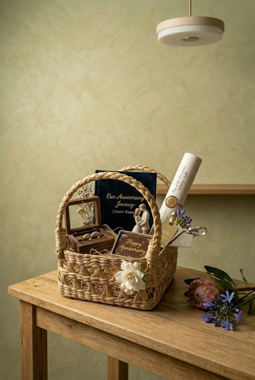 WOOVEN KAUNA GRASS basket with decorative items on a wooden table against a green wall. Gift hamper basket.
