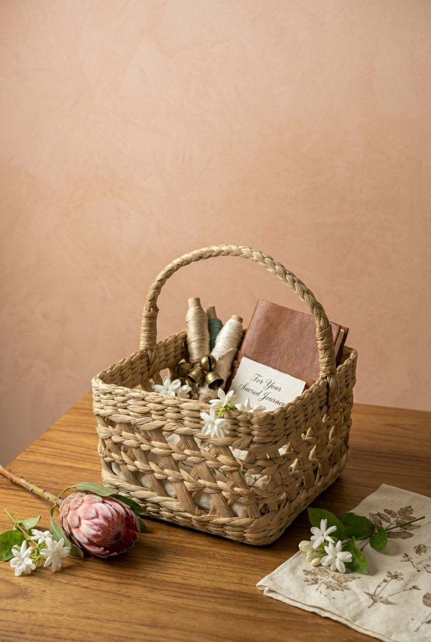 hand wooven kauna grass basket with stationery items on a wooden surface with a pinkish-beige background, gift hamper basket.