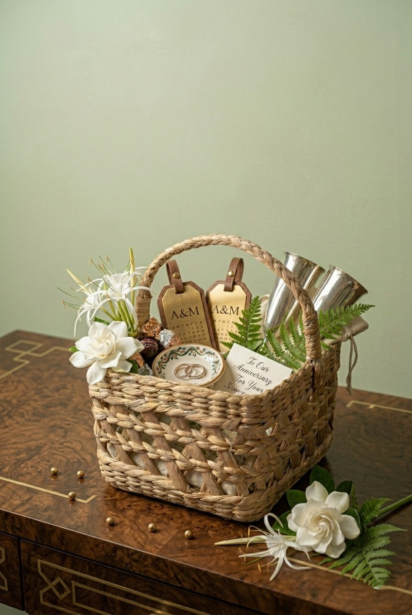 hand Woven basket with decorative items on a wooden surface against a green wall. gift hamper basket.
