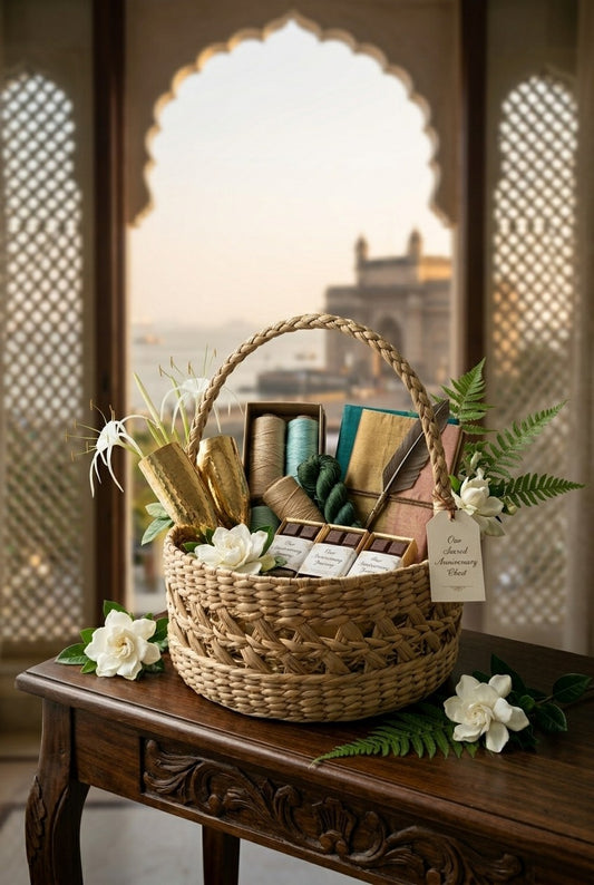 Woven kauna grass gift basket with stationery items on a wooden table with a blurred decorative background