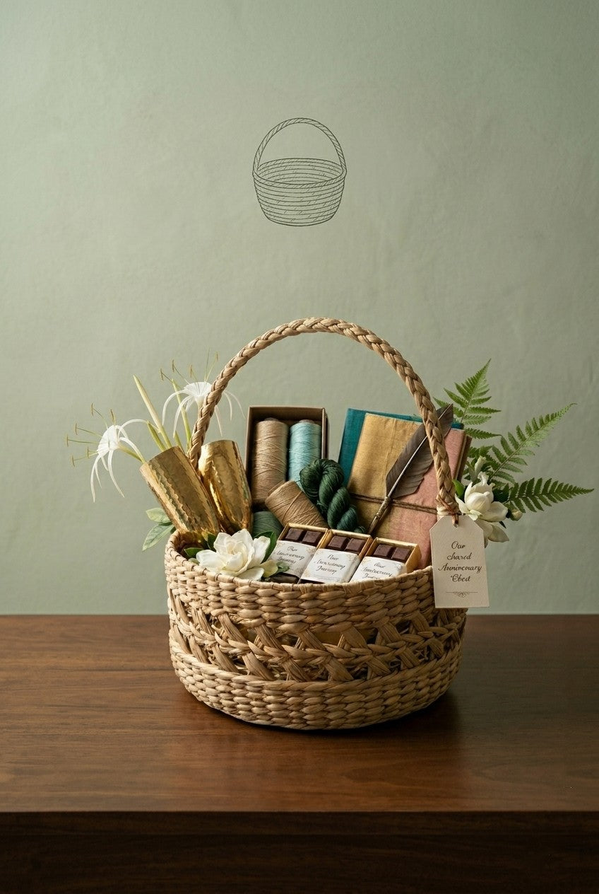 hand Woven kauna grass gift basket with stationery items on a wooden surface against a green wall.