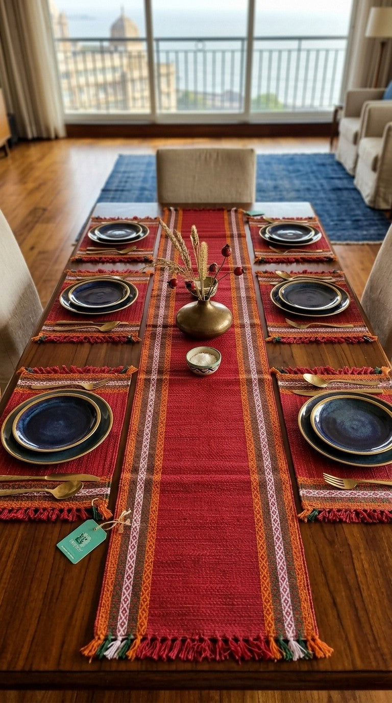 Dining table set with a colorful table runner, plates, and cutlery in a room with large windows. madurkathi mat , placemat