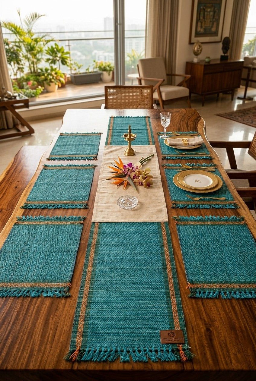 Dining table with hand woven madurkathi turquoise placemats and runners in a bright room.