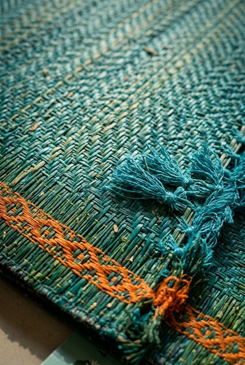 Close-up of a textured teal madurkathi placemat with orange lace and tassel