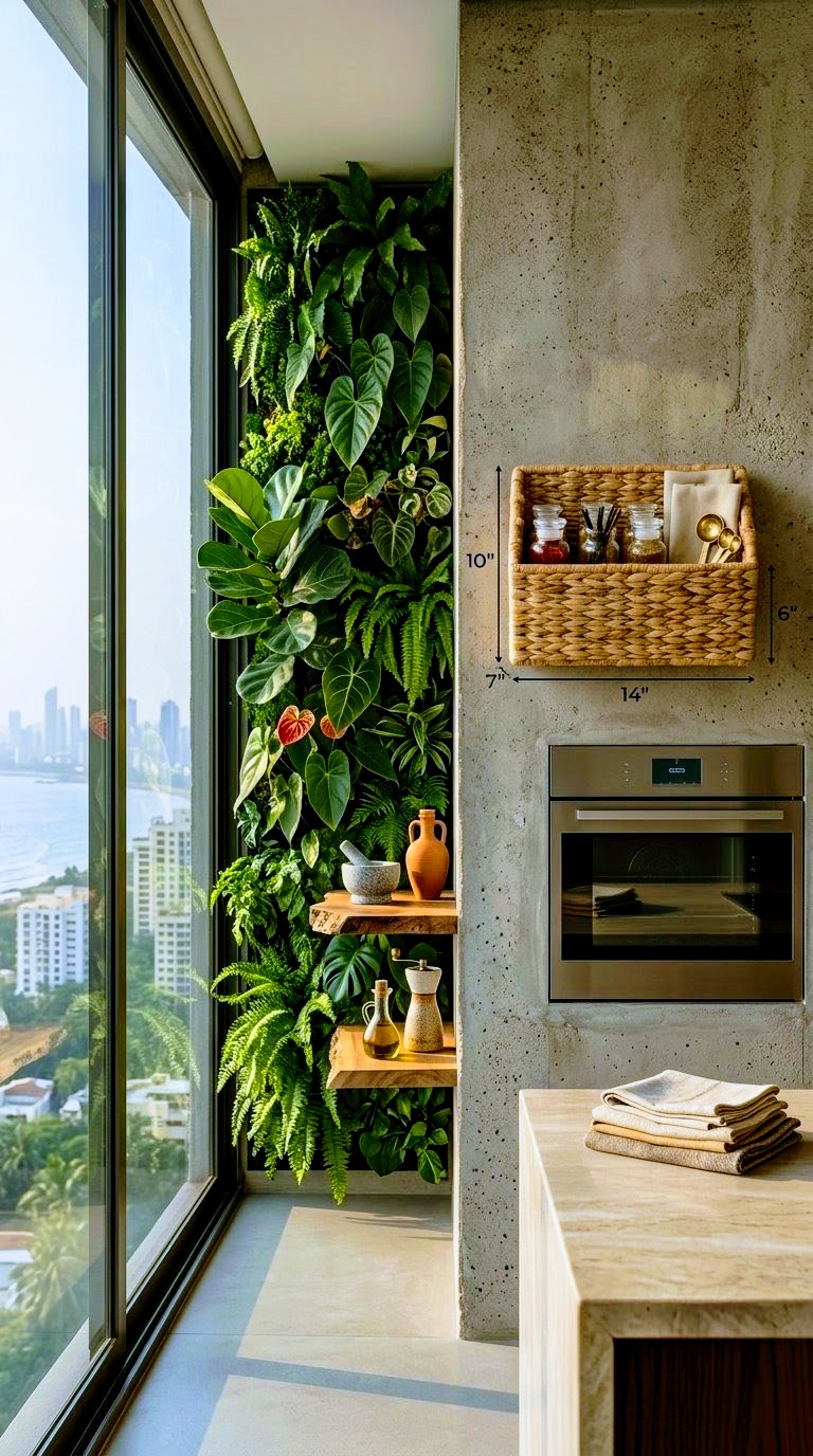 A modern kitchen interior with a tall vertical green wall of leafy plants beside large floor-to-ceiling windows overlooking a city and water. A concrete wall features a built-in stainless steel oven, a woven basket (water hyacinth )shelf, and a light stone counter top with stacked books.