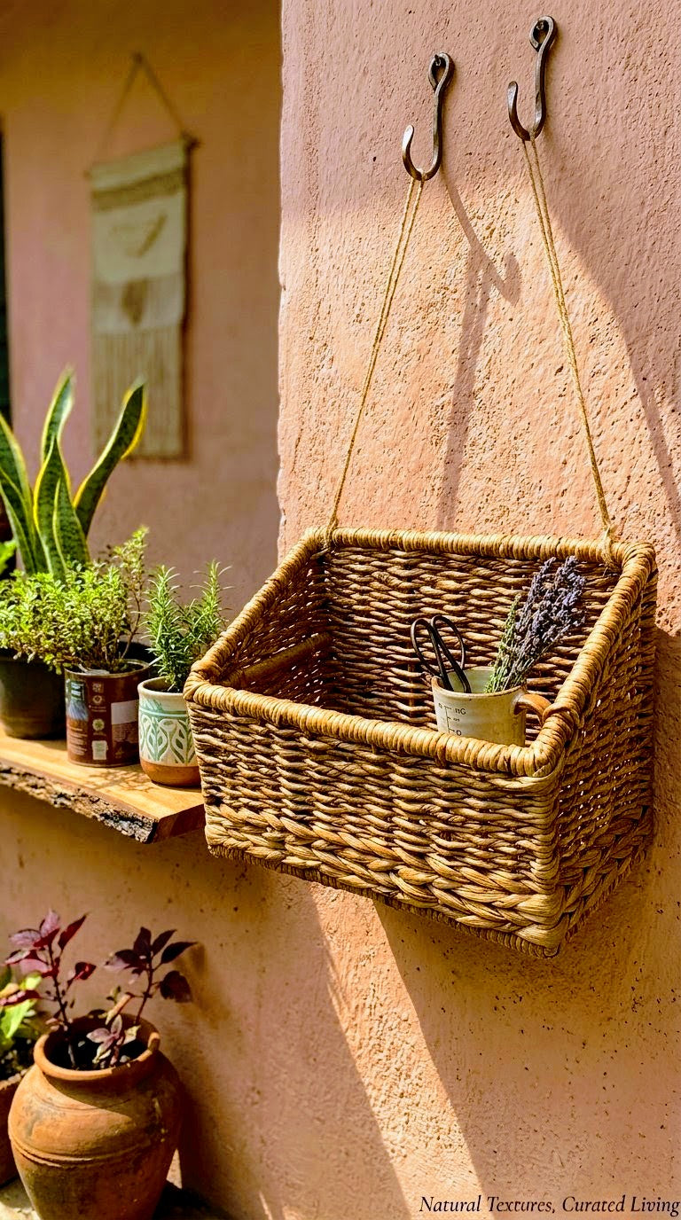 A woven rectangular hanging  water hyacinth basket with rope handles is mounted on a textured stucco wall using two black hooks. The basket contains small potted plants and a small cup.