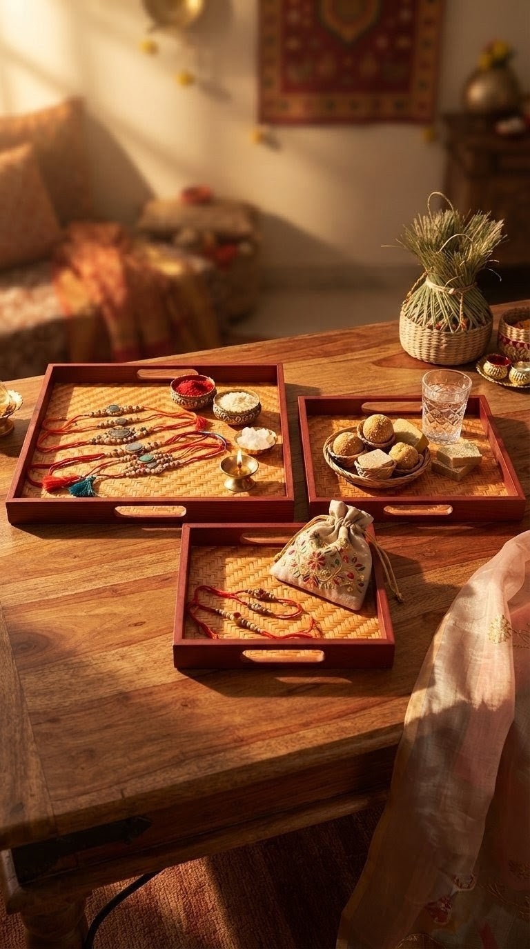 Set of 3 handwoven square bamboo trays with maroon frame styled with Rakhi and festive offerings on a wooden table