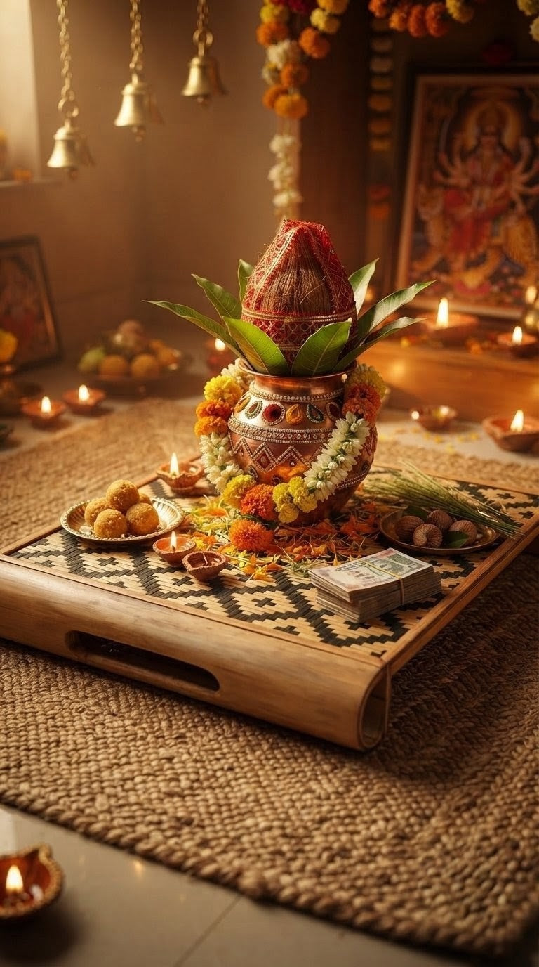 Handwoven bamboo puja tray with black geometric weave, kalash and diyas in a puja setting