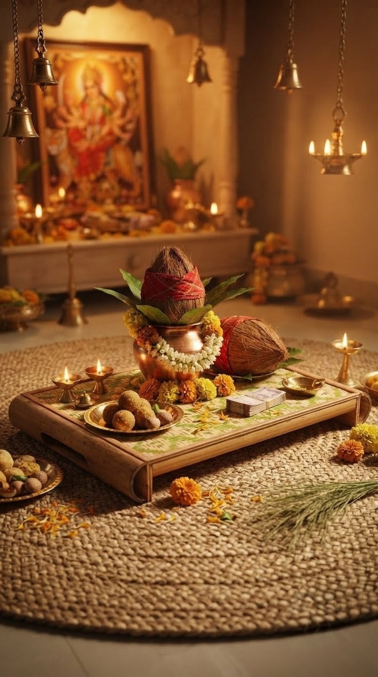 Handwoven bamboo puja tray with coconut kalash and festive offerings on a jute rug