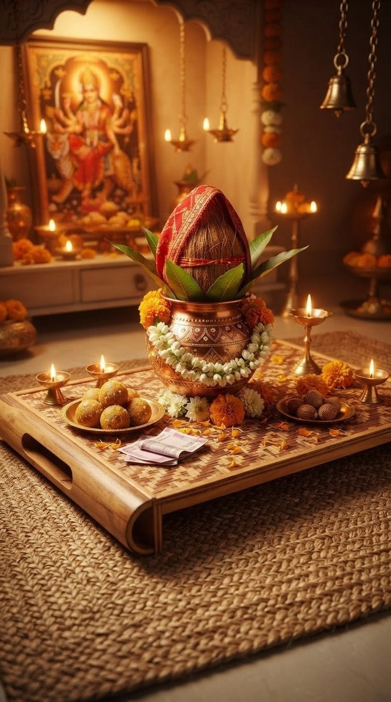 Handwoven bamboo puja tray with kalash, diyas and marigold flowers in a festive puja room