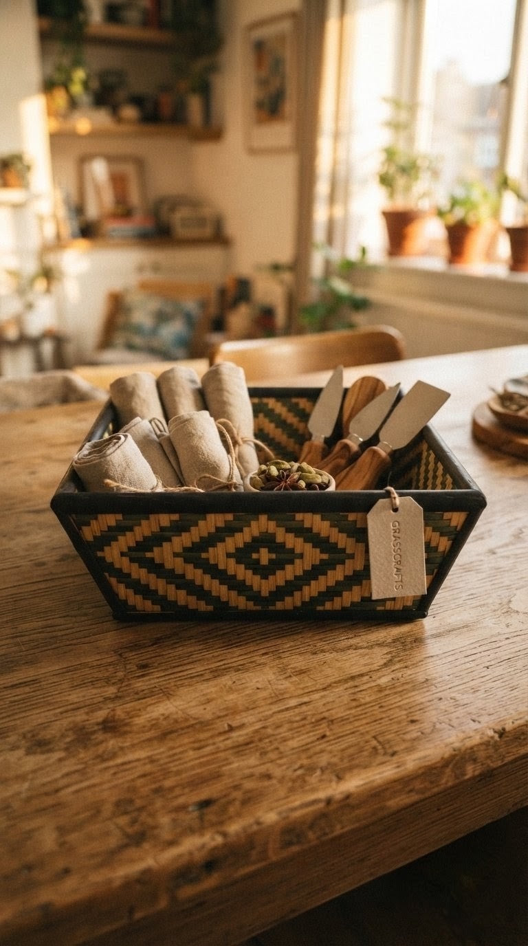 Black bamboo gift basket with rolled linens and artisan goods on a beachside terrace