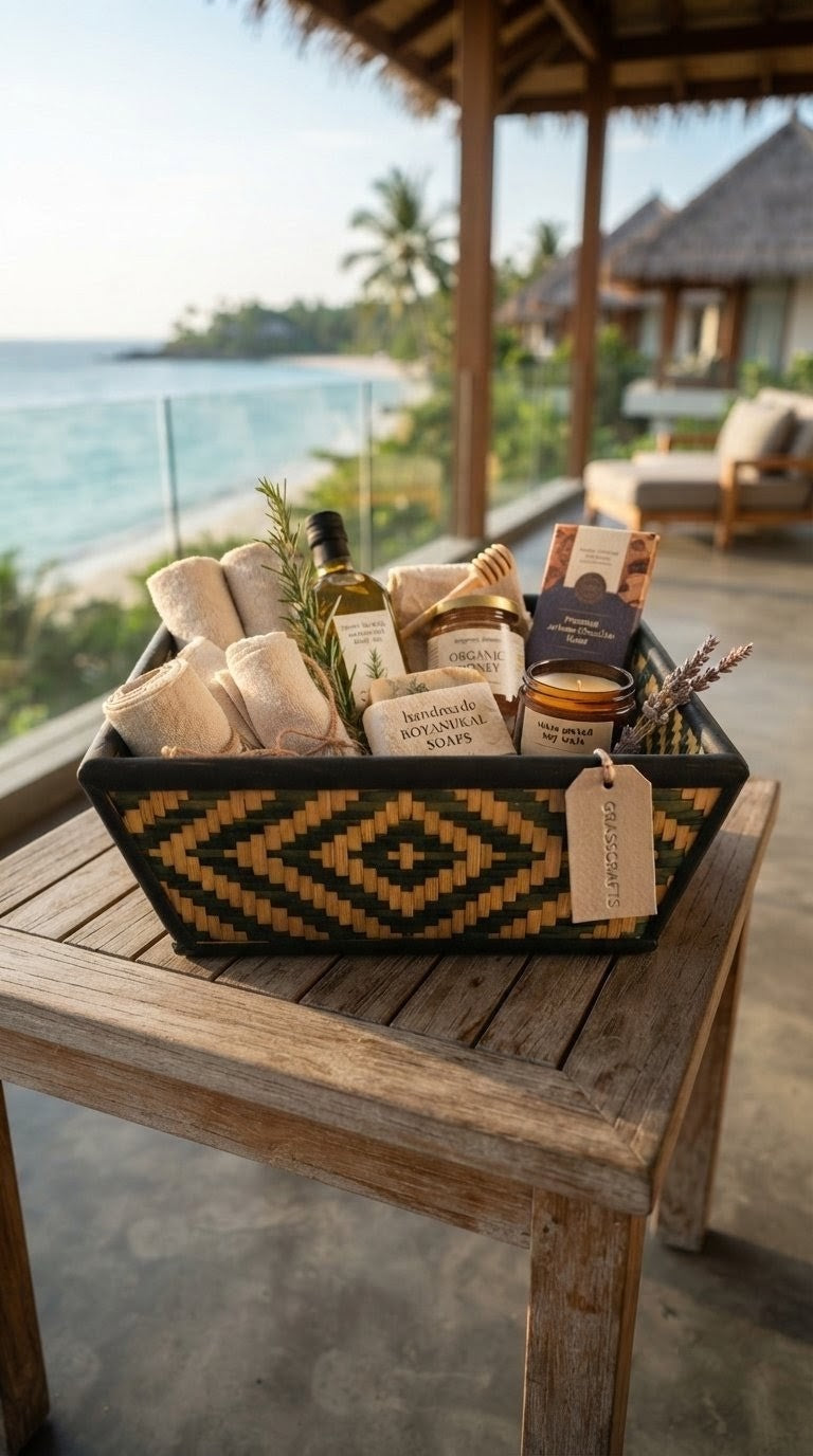 Black bamboo gift basket with handmade items on a rustic kitchen counter