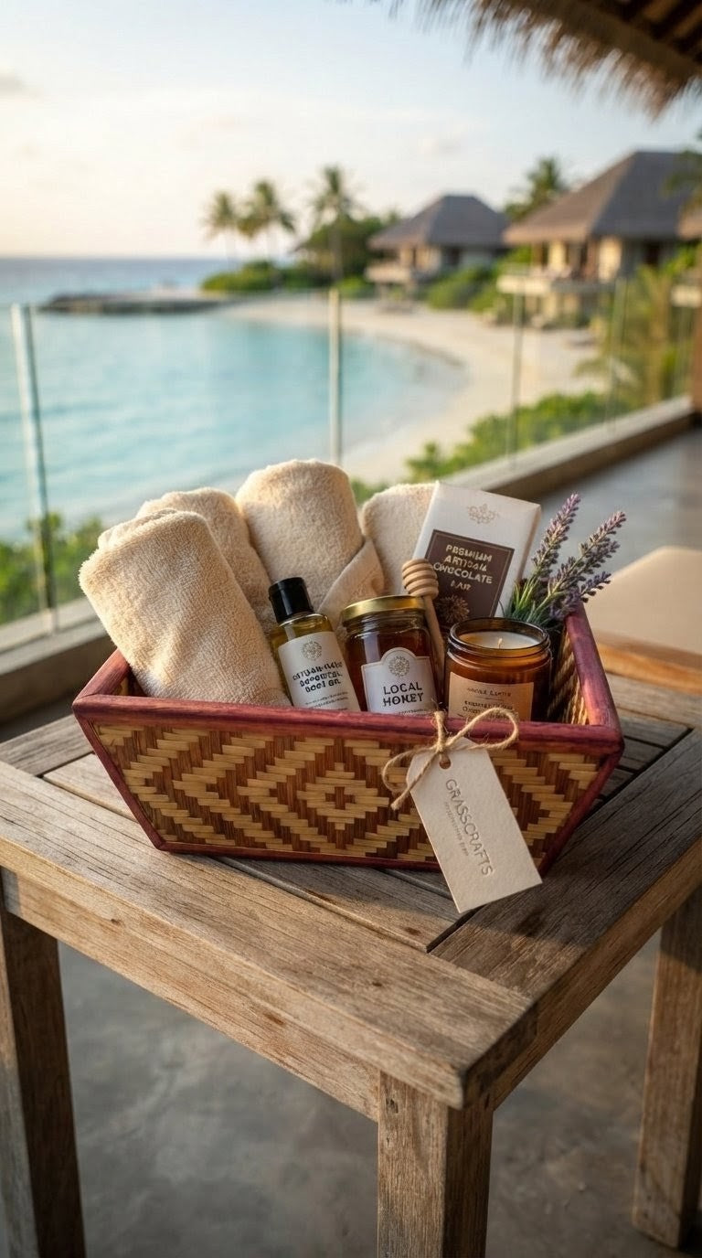 Handwoven black bamboo gift basket filled with artisan products on a wooden table by the beach