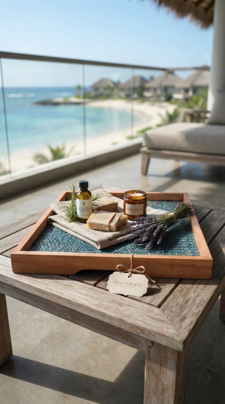 Teal blue handwoven bamboo tray with artisan products on a beachside terrace table