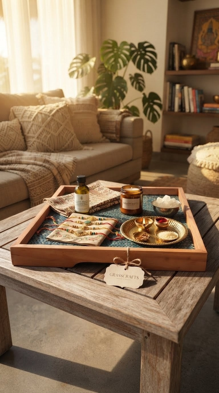 Handwoven bamboo tray with Rakhi and festive items on a wooden table in a cosy living room