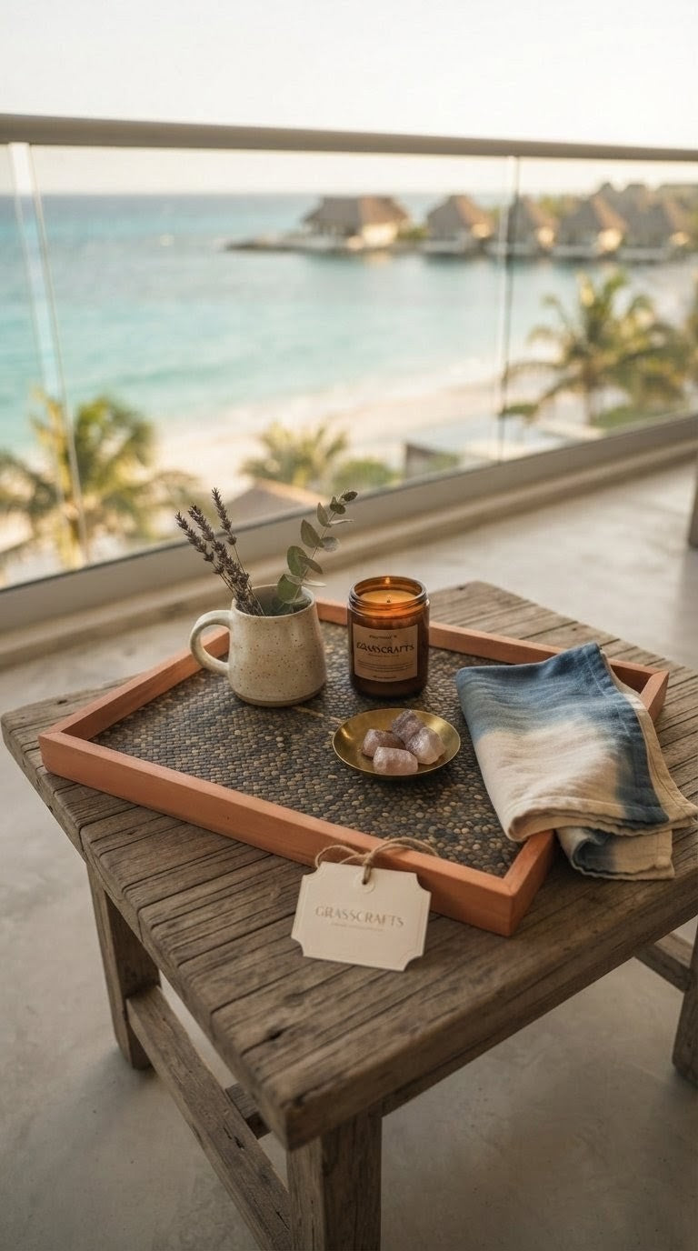 Handwoven bamboo tray with candle and linen on a beachside table at sunset