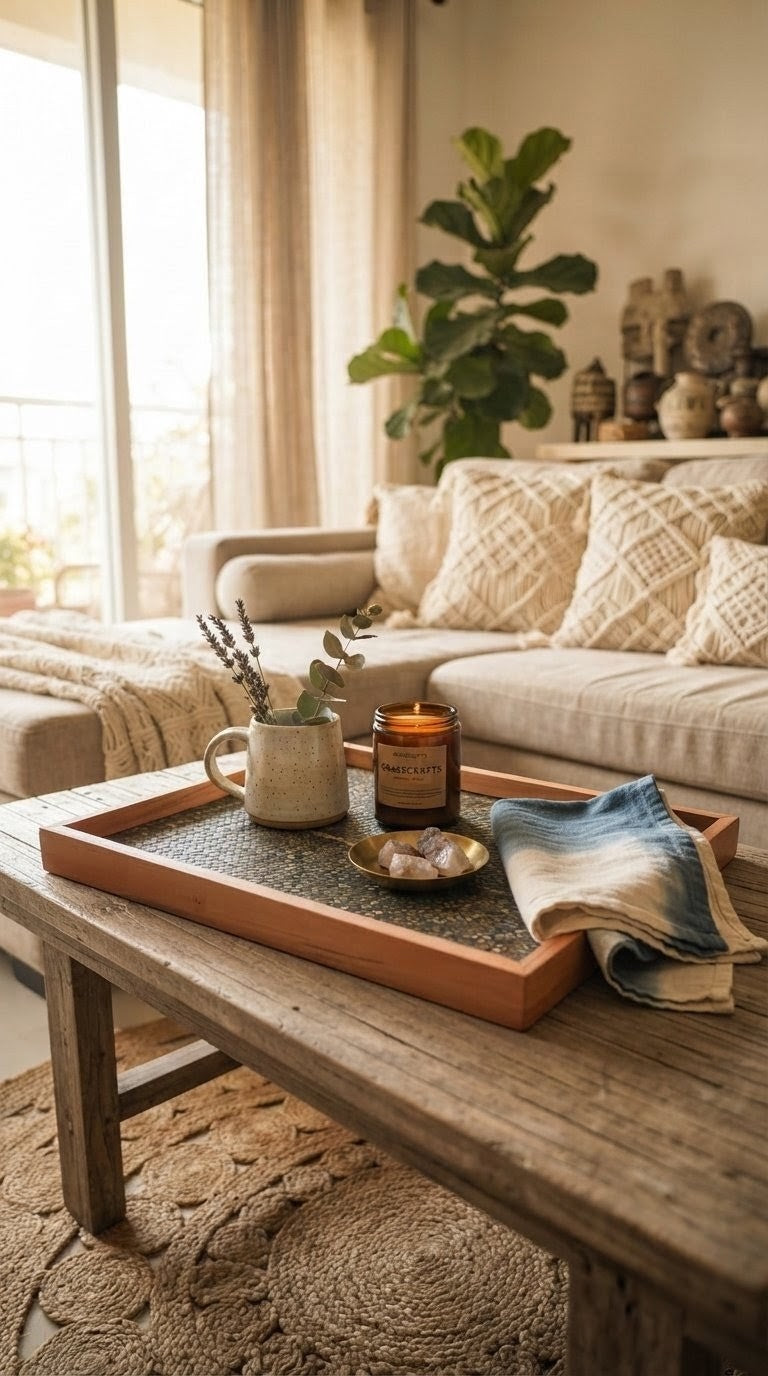 Handwoven bamboo tray styled on a rustic coffee table in a warm living room interior