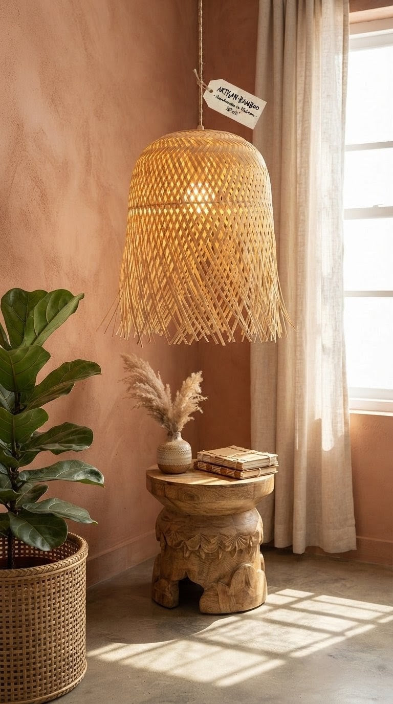 Handwoven bamboo pendant lamp hanging in a terracotta-walled sunlit room with fiddle leaf fig plant and carved wooden stool — natural boho home decor