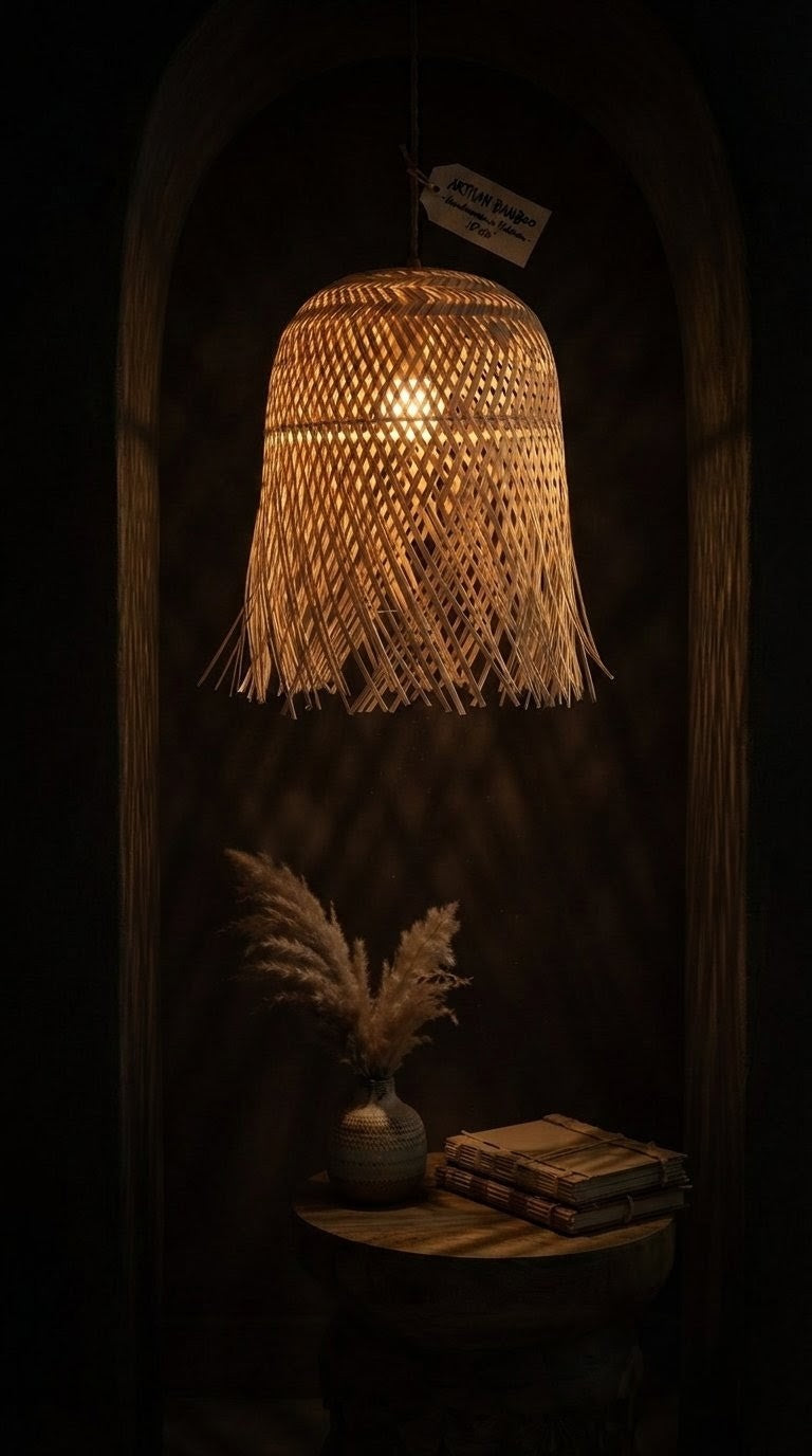 Handwoven bamboo pendant lamp styled in four interior settings — Scandinavian, Moroccan, industrial loft, and tropical outdoor — showcasing versatile home decor use