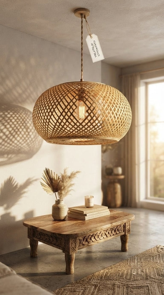 Wide handwoven bamboo dome pendant lamp in a sunlit Scandinavian interior above a carved wooden table with dried botanicals — natural boho home decor
