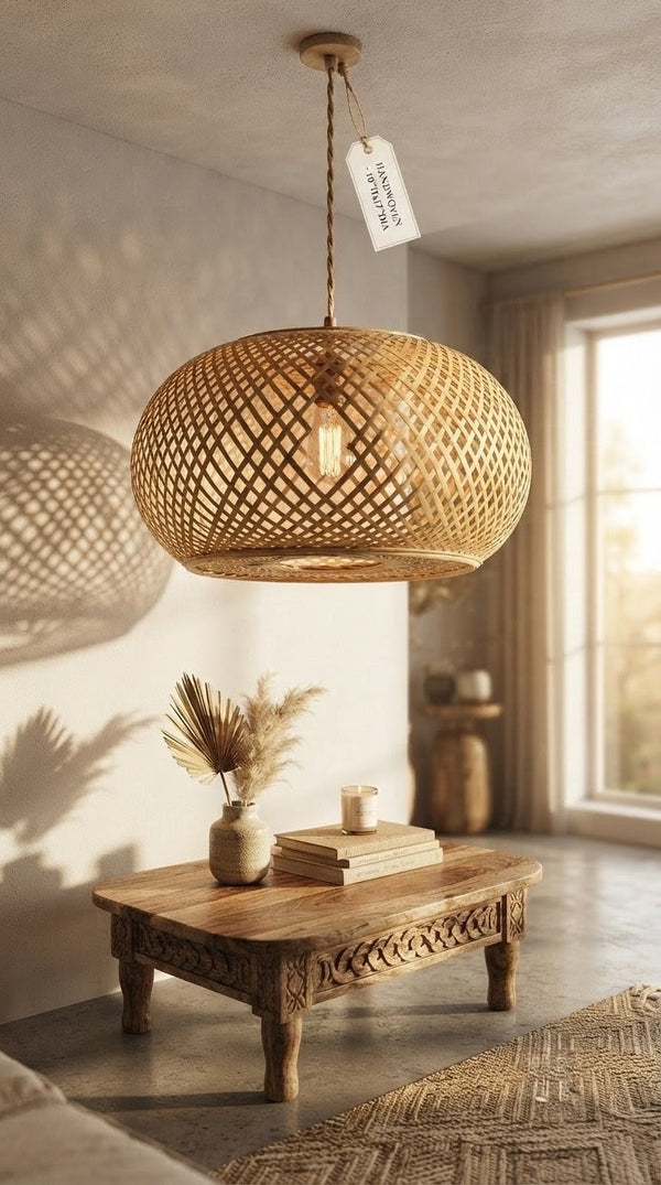 Wide handwoven bamboo dome pendant lamp in a sunlit Scandinavian interior above a carved wooden table with dried botanicals — natural boho home decor