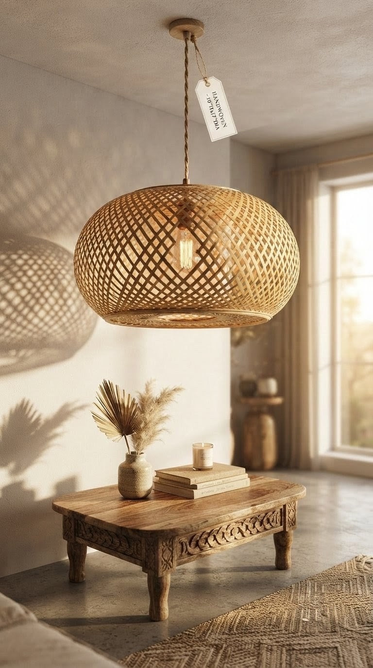 Wide handwoven bamboo dome pendant lamp in a sunlit Scandinavian interior above a carved wooden table with dried botanicals — natural boho home decor