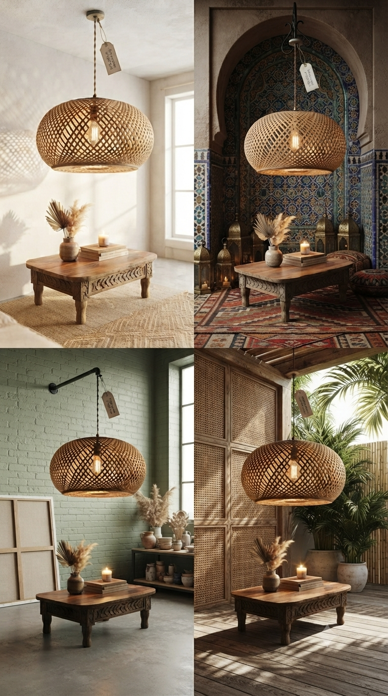 Handwoven bamboo dome pendant lamp shown in four interior styles — Scandinavian, Moroccan, industrial loft, and tropical — versatile eco-friendly woven ceiling light