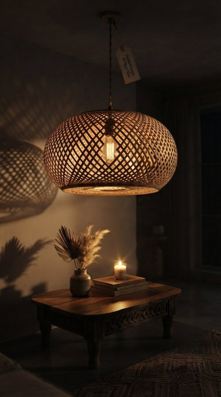 Handwoven bamboo dome pendant lamp glowing warmly in a dark boho interior above a carved wooden coffee table with pampas grass and candle — artisan eco-friendly ceiling light