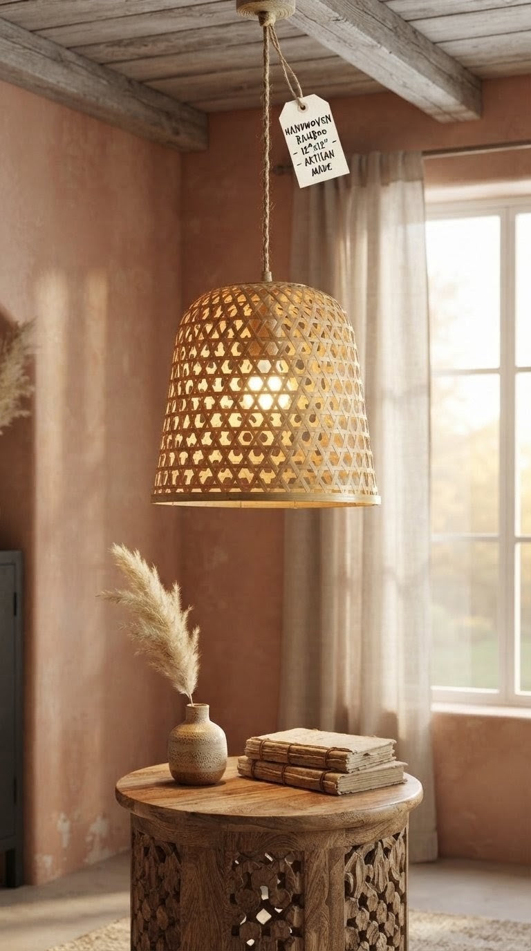 Handwoven bamboo bell pendant lamp in a sunlit terracotta Provencal room with linen curtains, carved wooden table and pampas grass — natural boho artisan home decor