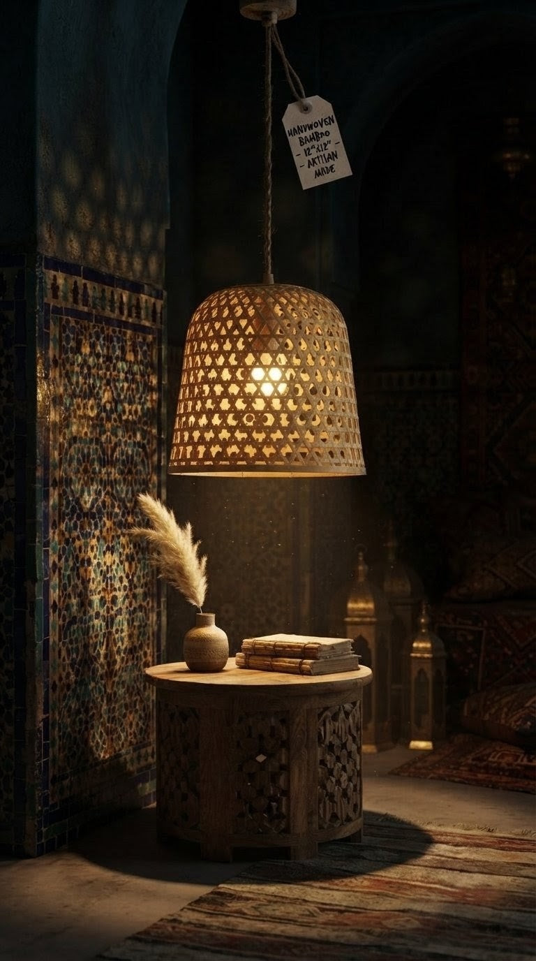 Handwoven bamboo bell pendant lamp casting intricate lattice shadows in a dark Moroccan-tiled interior above a carved wooden table with pampas grass — artisan woven ceiling light