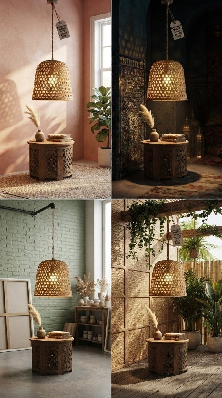 Handwoven bamboo bell pendant lamp glowing warmly in four interior settings — terracotta boho, dark Moroccan, sage industrial, and tropical outdoor — artisan eco-friendly ceiling light