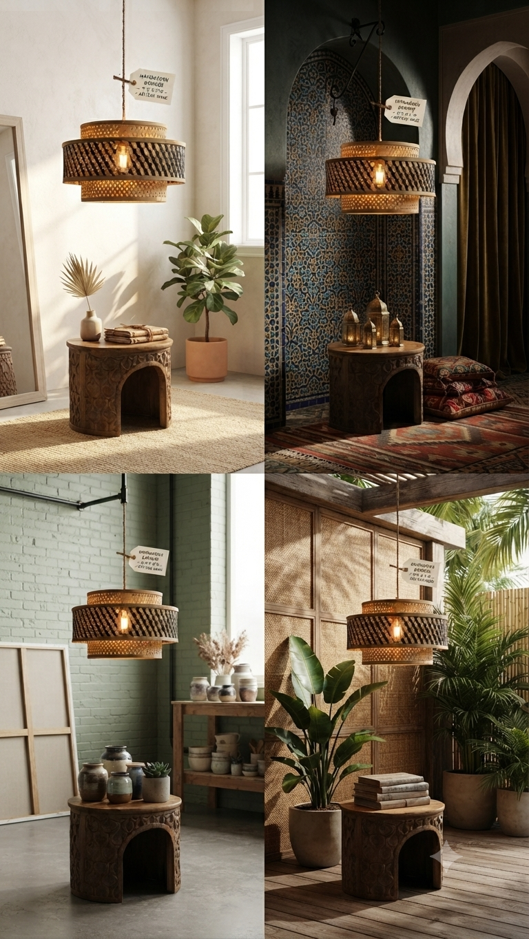 Handwoven bamboo two-tier drum pendant lamp shown in four interior styles — Scandinavian, Moroccan, industrial loft, and tropical outdoor — versatile eco-friendly woven ceiling light
