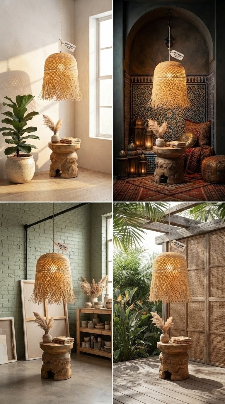 Handwoven bamboo pendant lamp glowing warmly in a dark arched niche with dried pampas grass and books below — artisan-crafted eco-friendly ceiling light