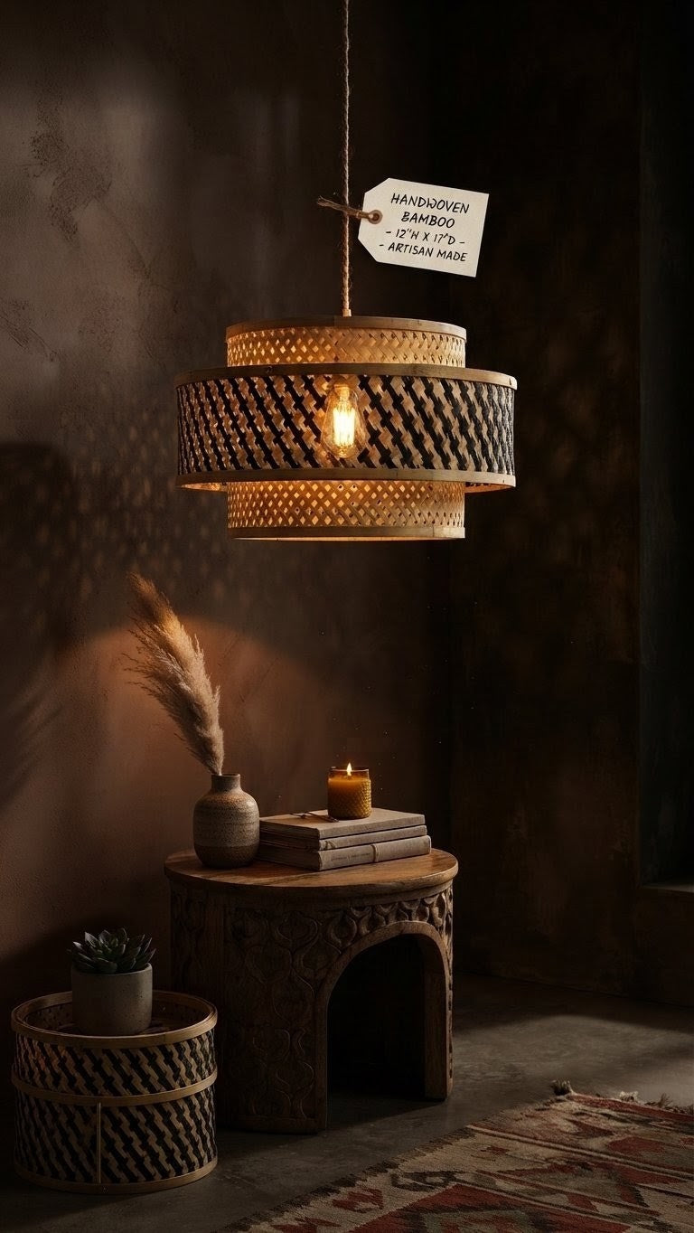 Handwoven bamboo two-tier drum pendant lamp casting warm layered light in a dark moody interior above a carved wooden table with pampas grass and candle — artisan woven ceiling light