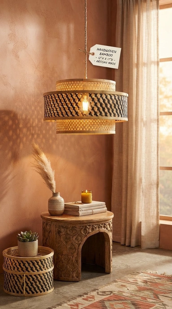 Handwoven bamboo two-tier drum pendant lamp glowing warmly in a sunlit terracotta room with linen curtains, carved wooden table, pampas grass and succulent — artisan eco-friendly ceiling light