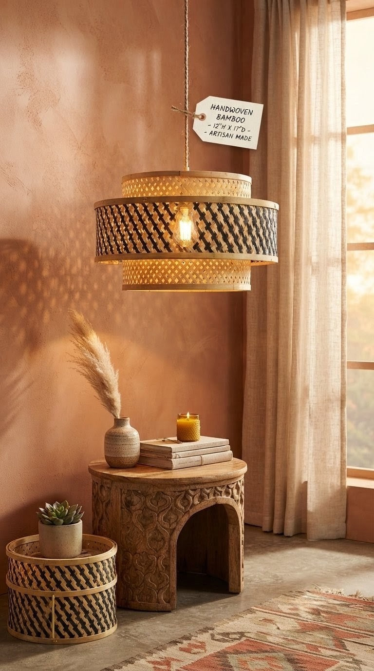 Handwoven bamboo two-tier drum pendant lamp glowing warmly in a sunlit terracotta room with linen curtains, carved wooden table, pampas grass and succulent — artisan eco-friendly ceiling light