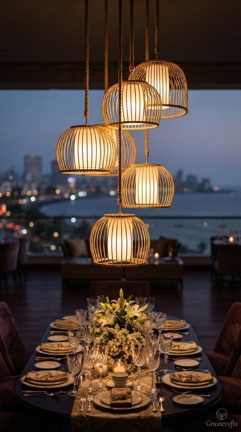 A dining table set for six under five hanging woven rattan pendant lights with a warm glow, set against a twilight city skyline background.