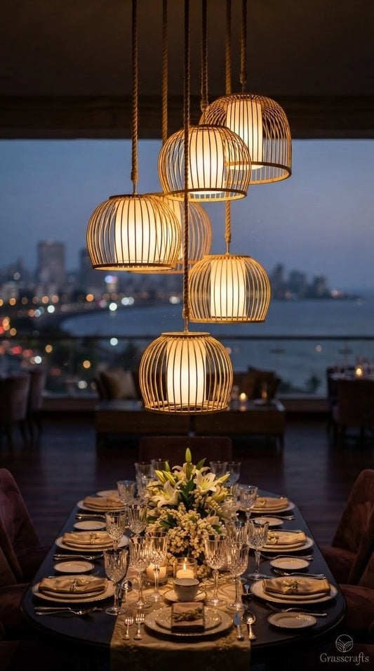 A dining table set for six under five hanging woven rattan pendant lights with a warm glow, set against a twilight city skyline background.