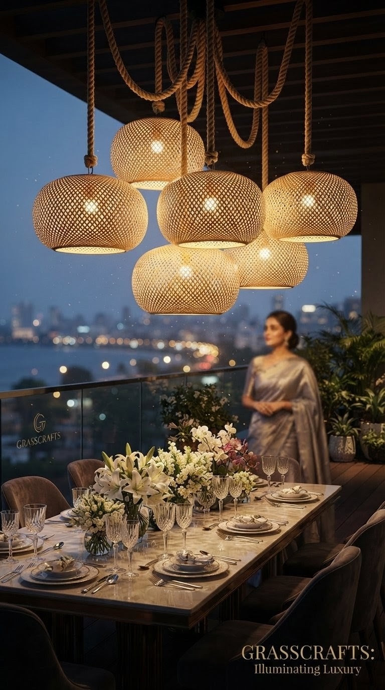 A lifestyle scene of a dining room at dusk with a woman in a grey saree standing in the background. The foreground features a long dining table decorated with white flowers and glassware, illuminated by a set of five woven spherical pendant lights hanging from a dark ceiling.
