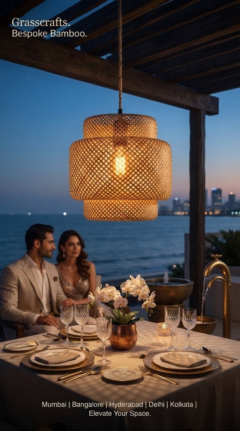 A warm, cylindrical woven bamboo pendant light hangs over a dining table set for two, with a couple seated underneath on a covered outdoor patio overlooking the ocean at dusk.