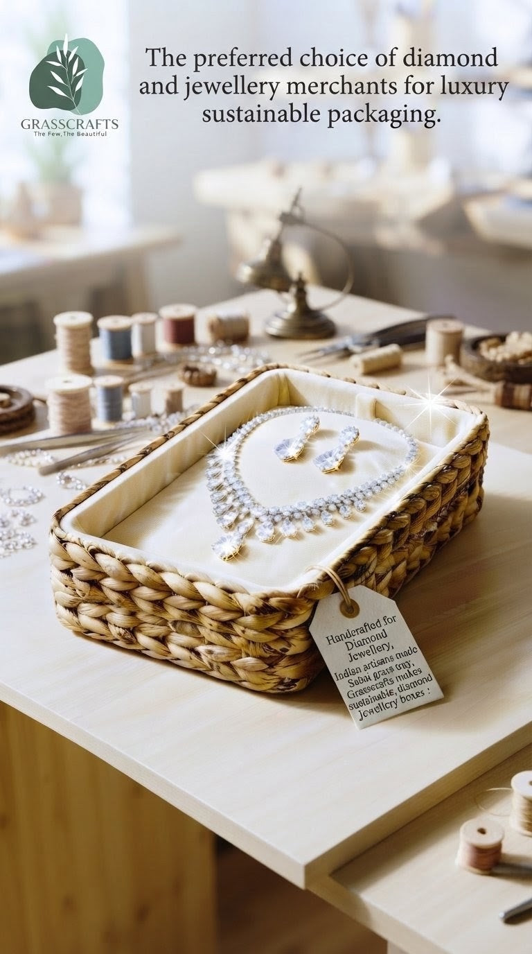 Rectangular handwoven Kauna grass jewellery display tray with a padded cream lining and diamond necklace set.
