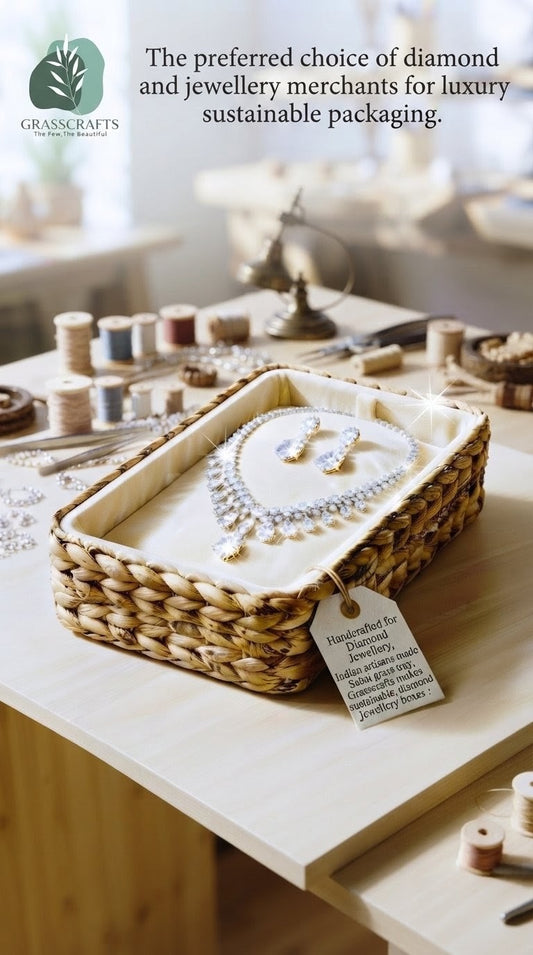 Rectangular handwoven Kauna grass jewellery display tray with a padded cream lining and diamond necklace set.
