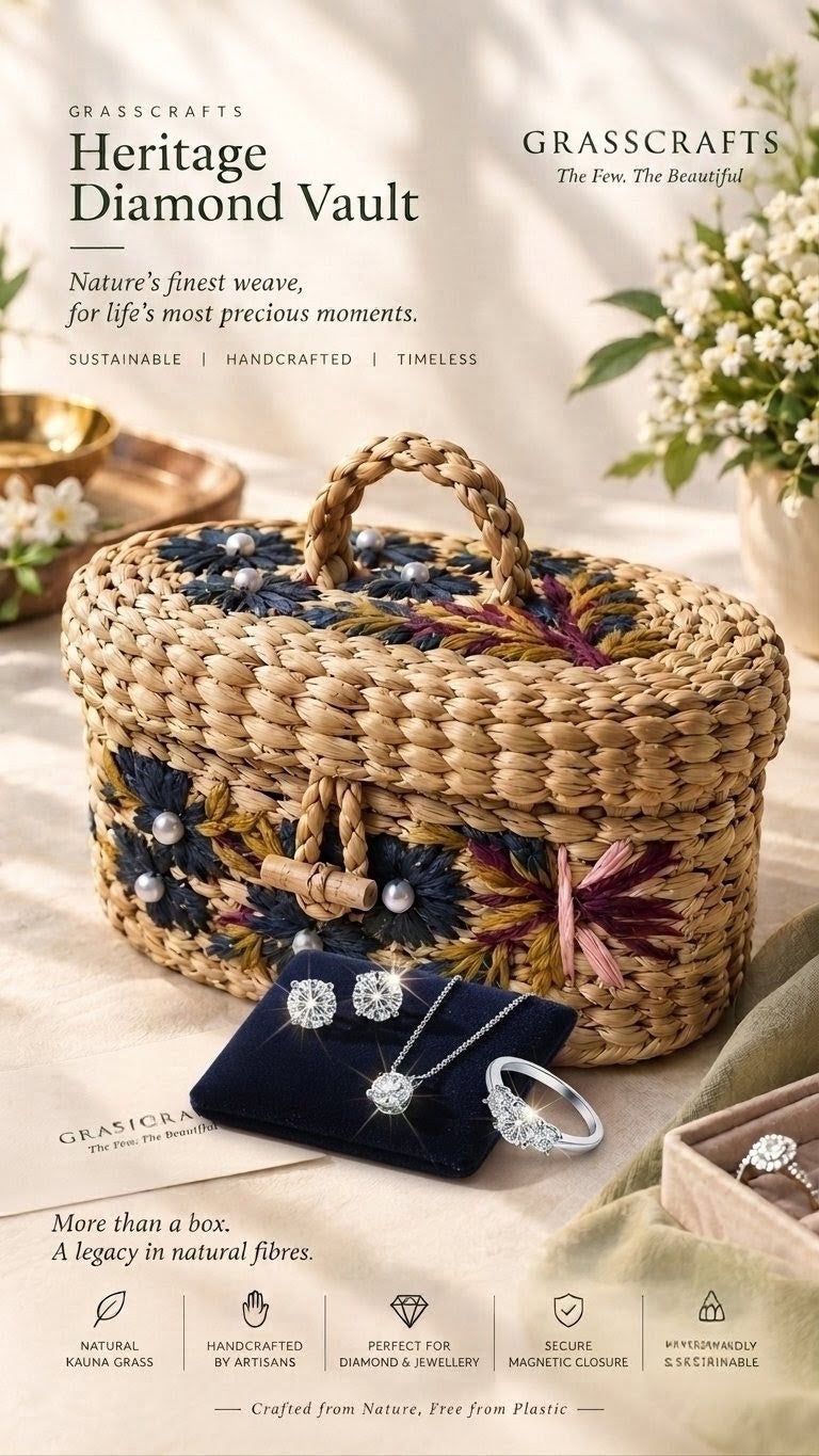 Oval handwoven Kauna grass jewellery box with a top handle and multicolour floral weave, styled with diamond jewellery.