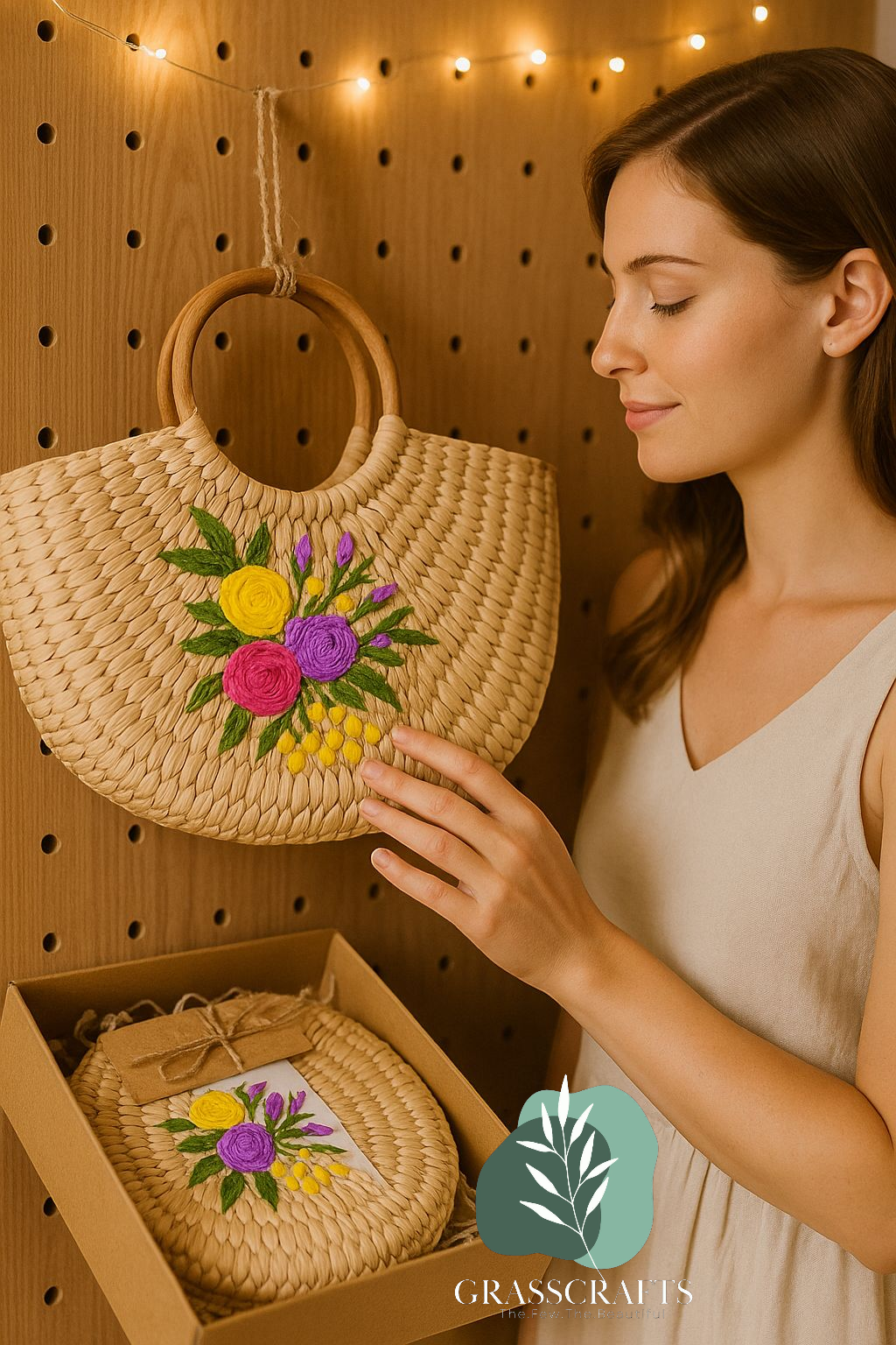 straw bag, embroidered