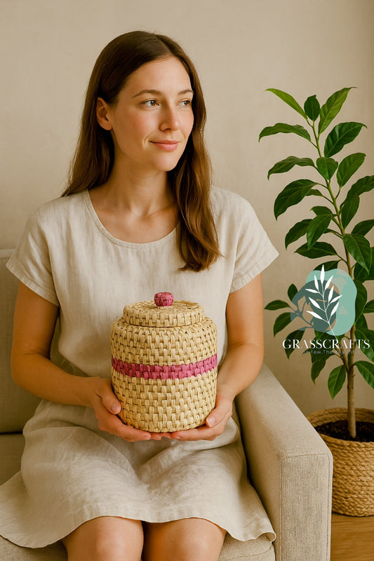 Round Sabai grass gift box with lid – pink – GrassCrafts