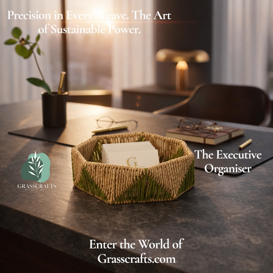 Grass organizer orr basket on a desk with business cards, surrounded by office decor, featuring Grasscrafts branding.