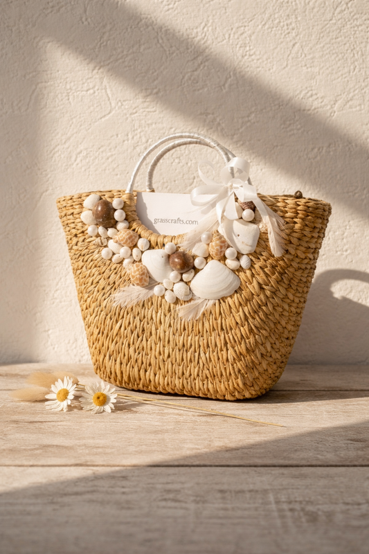 Woven handbag with decorative elements on a wooden surface with a light background. This is kauna grass handbag